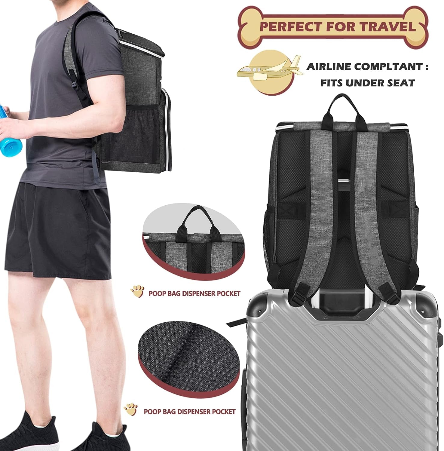 丨Dog Travel Bag Backpack, Airline Approved Pet Supplies Backpack, Dog Travel Backpack with 2 Silicone Collapsible Bowls and 2 Food Baskets Grey